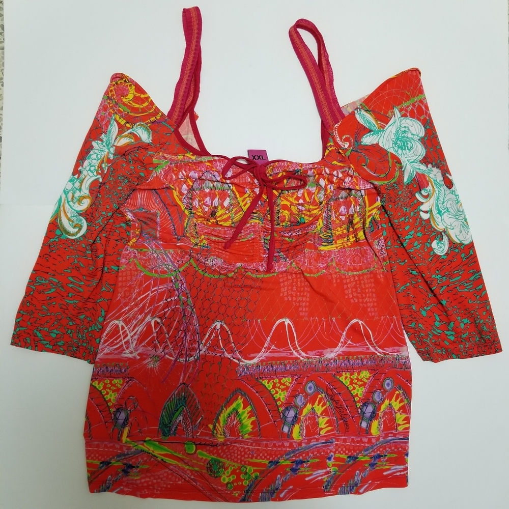 Save The Queen Top Cold Shoulder Printed Ruched